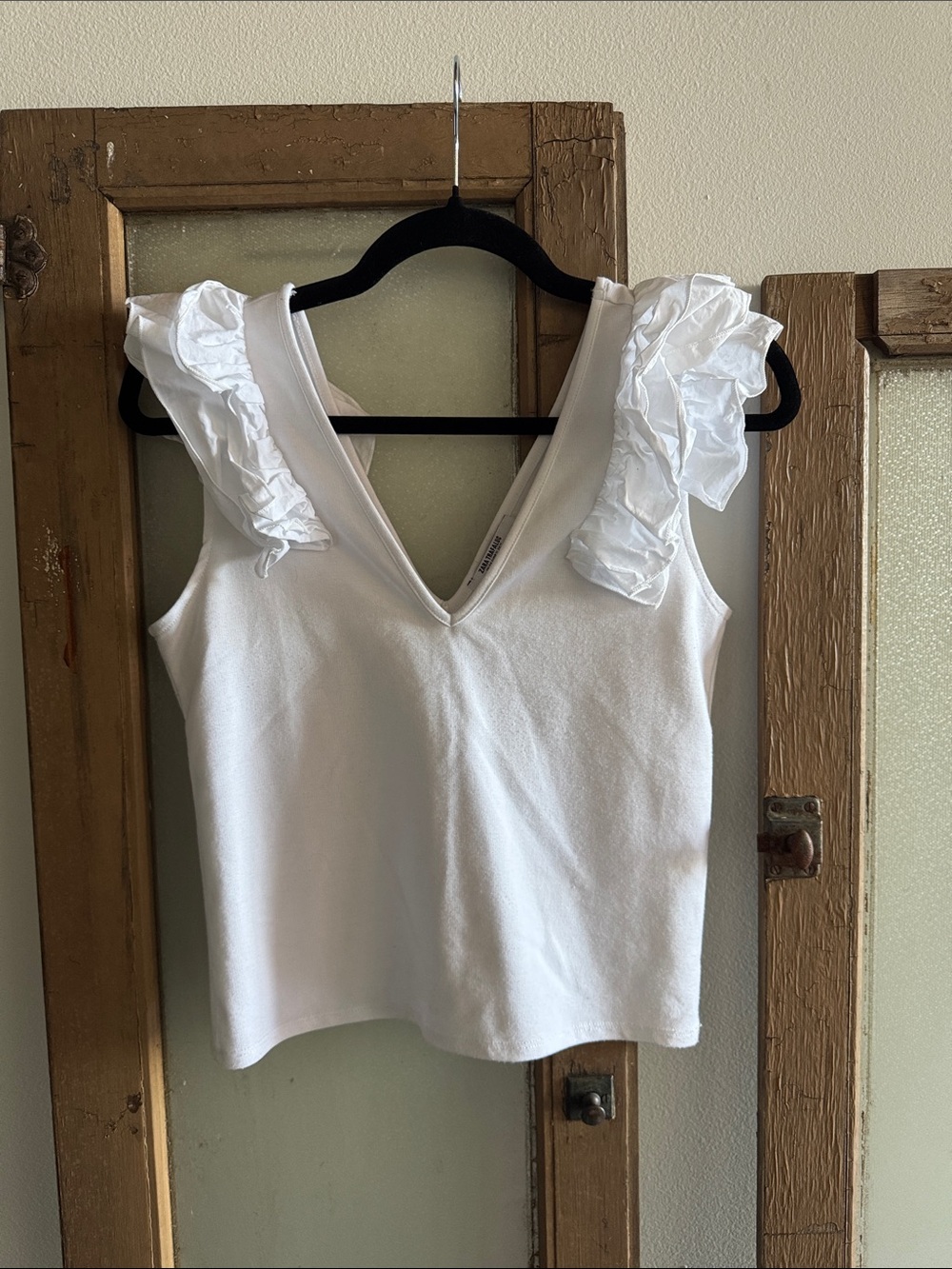 Zara White V-Neck Tank Top with Ruffle Shoulder Detail